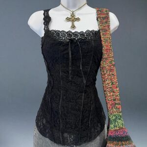 Studio 1940 Black Lace Camisole Top Ribbon Tie Front Y2K Goth Whimsygoth Size M